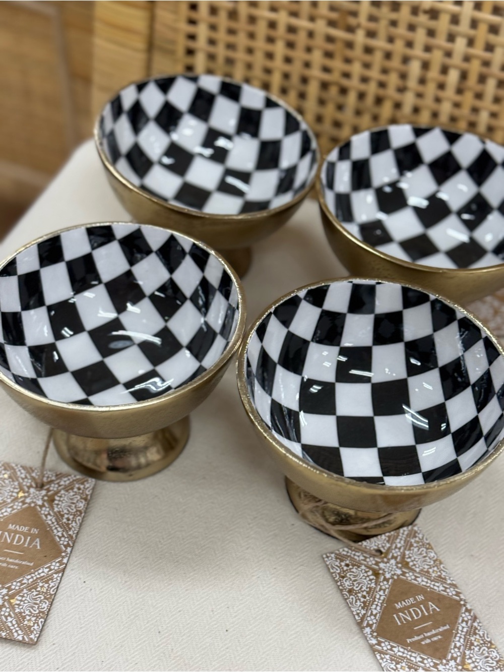 Black & White Checkered Petite Pedestal Bowls - Set of 4